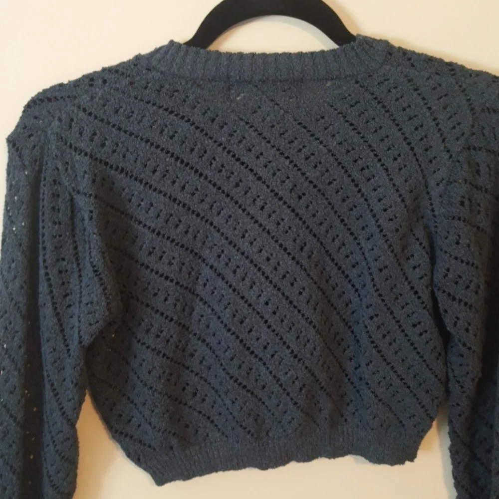Capture Crocheted blue crop top button-up sweater